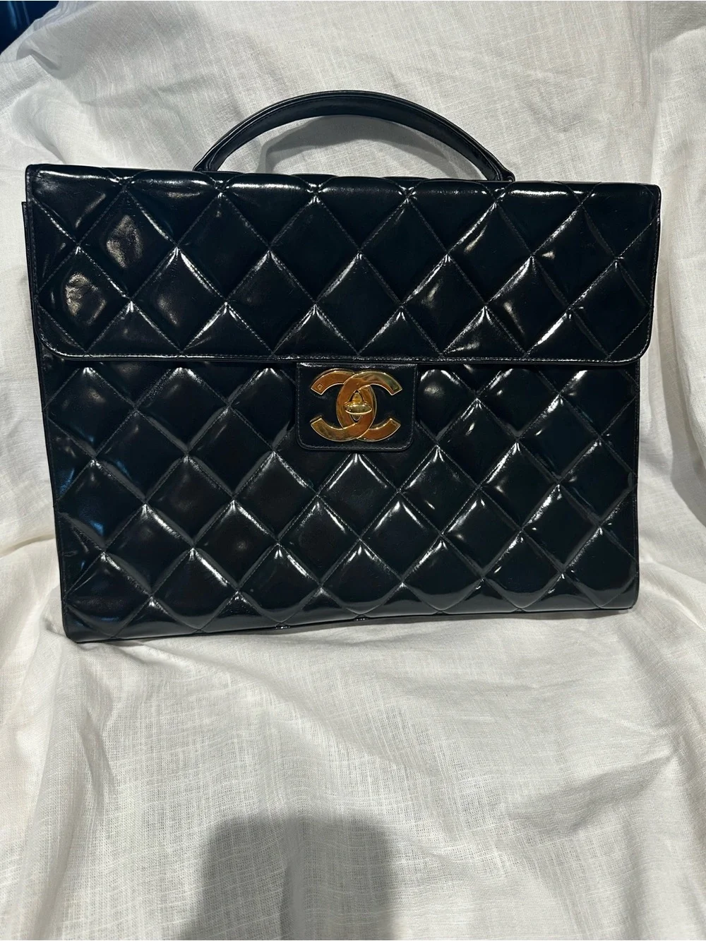 CHANEL Black Quilted Patent Top Handle Satchel with Gold CC